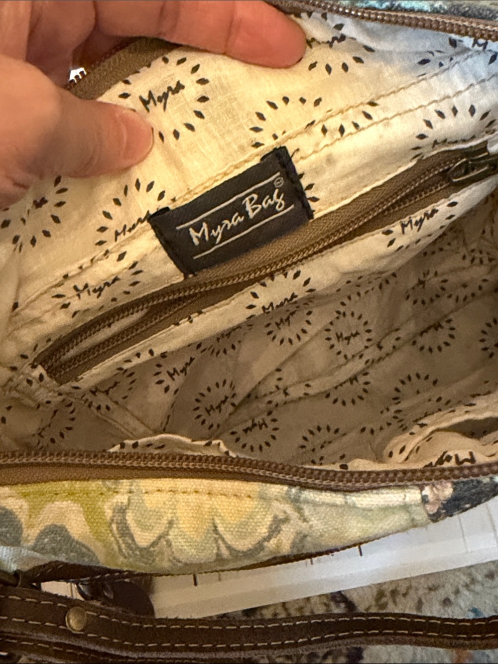 Myra bag Patchwork Floral Crossbody with Brown Trim and Adjustable Strap - Picture 4 of 5